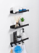 Настенные полки для ванной комнаты с бортиком и полка с крючками 30 см черные